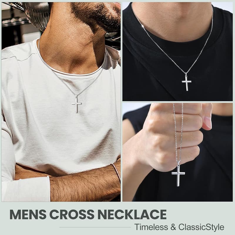 Men's 925 Sterling Silver Cross Necklace - Christian Gift