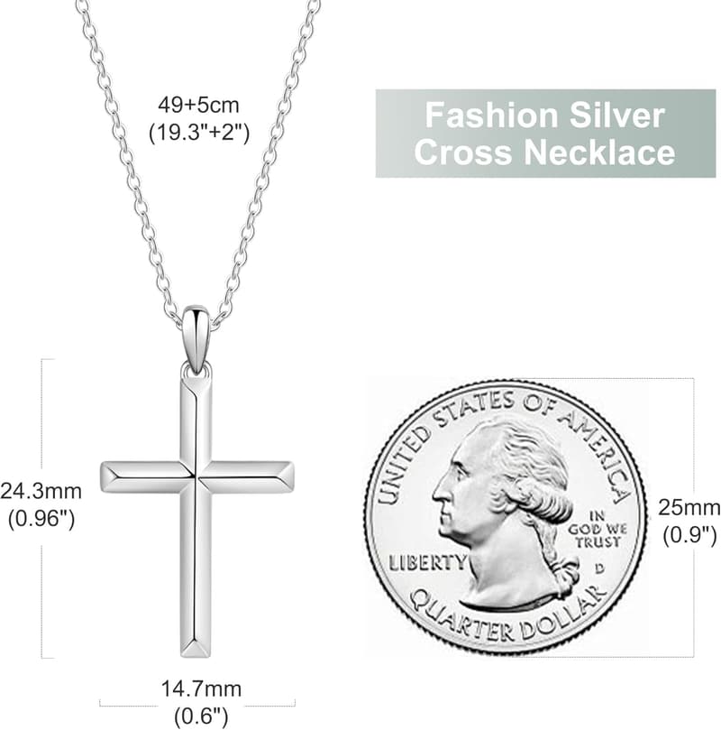 Men's 925 Sterling Silver Cross Necklace - Christian Gift
