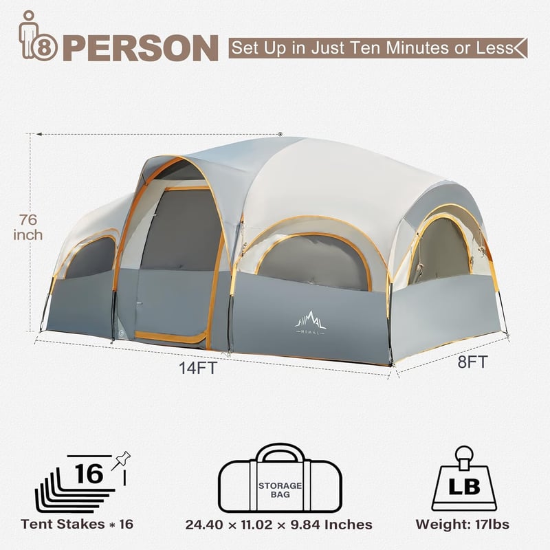 Waterproof 8-Person Family Camping Tent with Privacy Divider