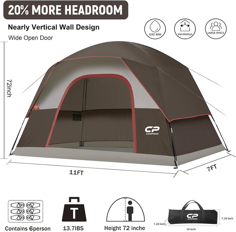 6-Person Waterproof Camping Tent with Easy Setup & Large Mesh Windows