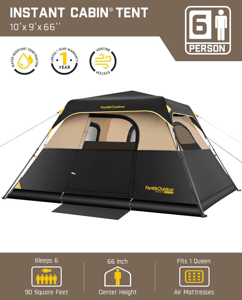Instant Cabin Tent for Family Camping - 4-10 Person with Rainfly