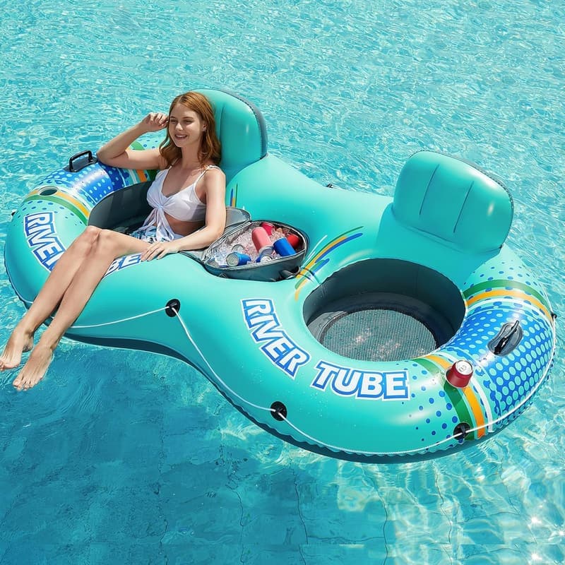 Heavy Duty Inflatable River Float for 2 with Cooler & Cup Holders