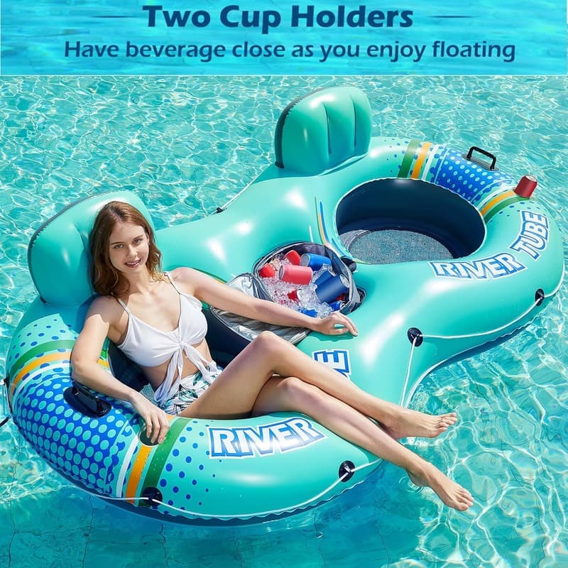 Heavy Duty Inflatable River Float for 2 with Cooler & Cup Holders
