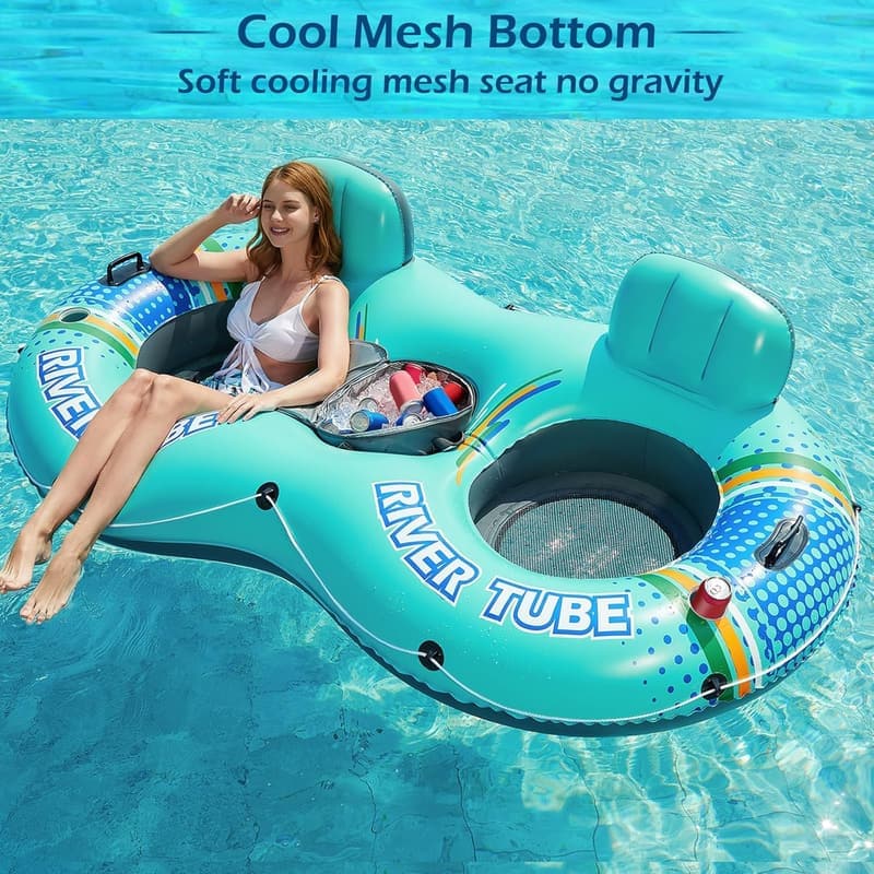 Heavy Duty Inflatable River Float for 2 with Cooler & Cup Holders