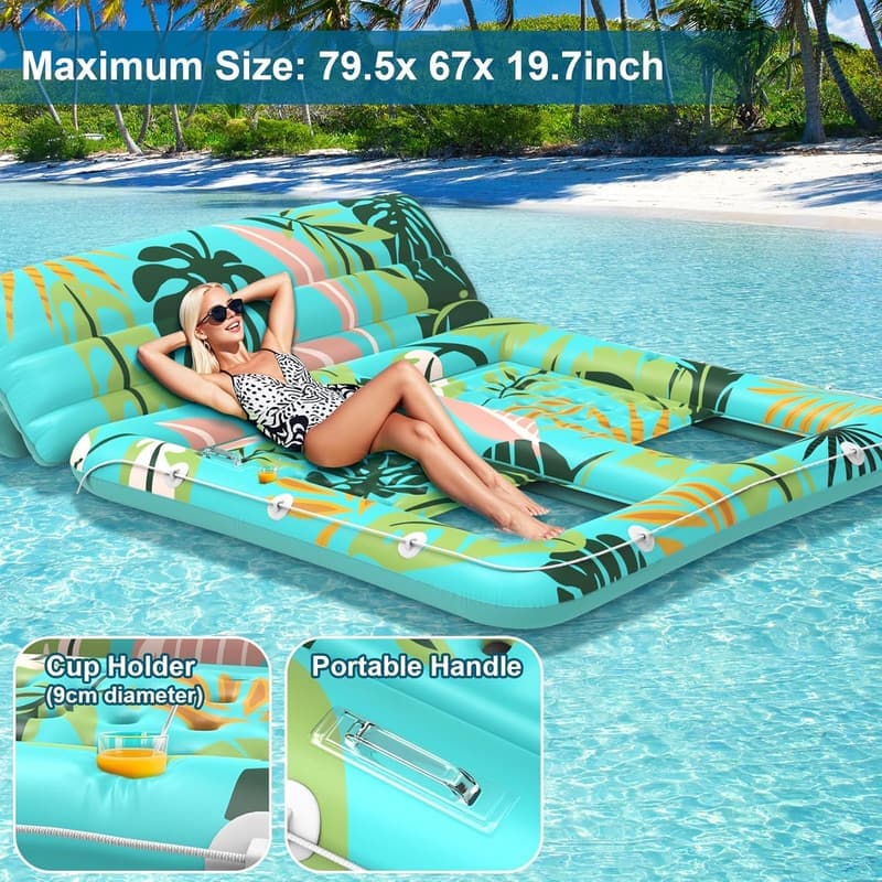 Giant Inflatable Pool Lounger for 2 with Cup Holders - Green