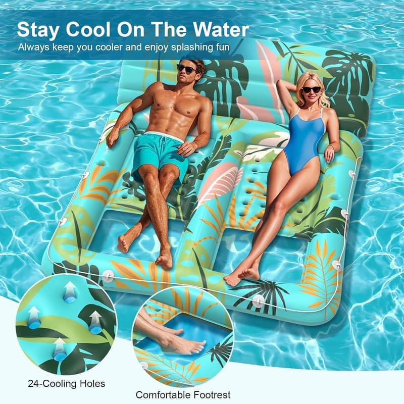 Giant Inflatable Pool Lounger for 2 with Cup Holders - Green