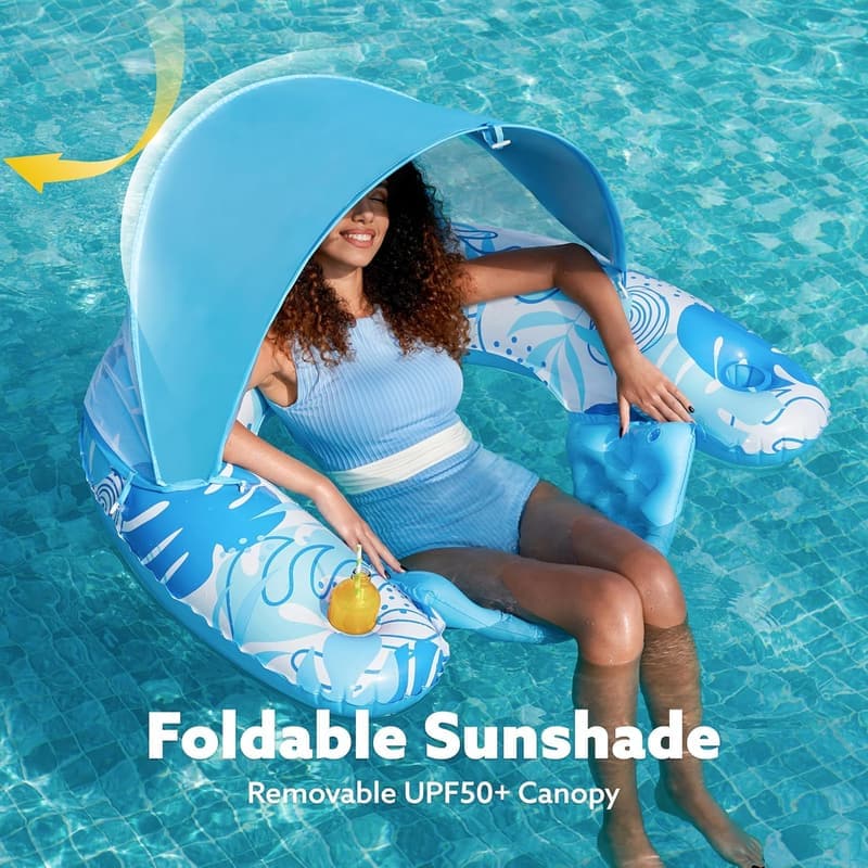 XL Inflatable Pool Lounge Chair with Canopy and Cup Holders
