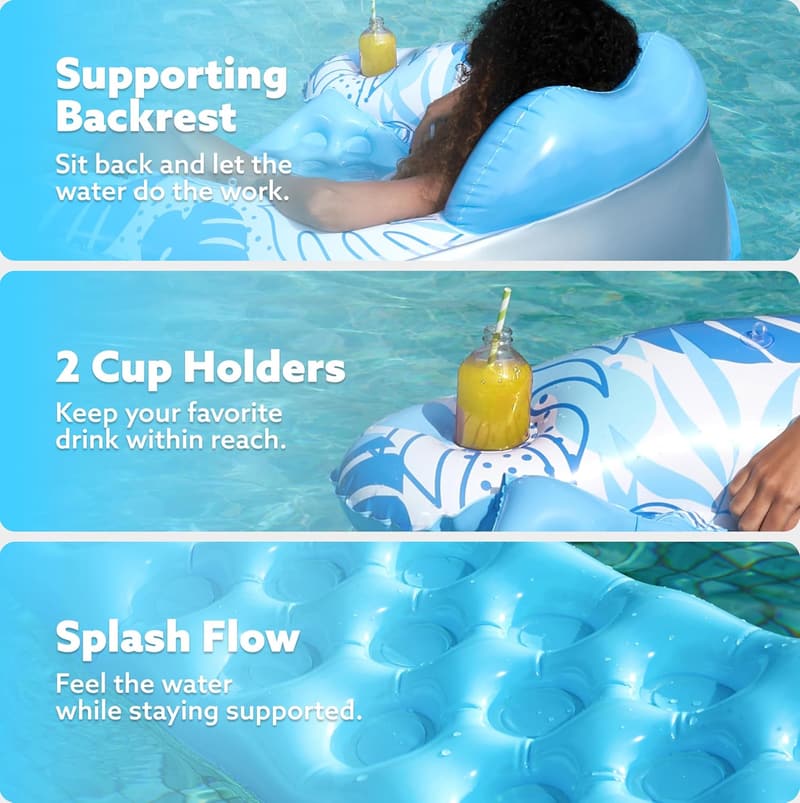 XL Inflatable Pool Lounge Chair with Canopy and Cup Holders