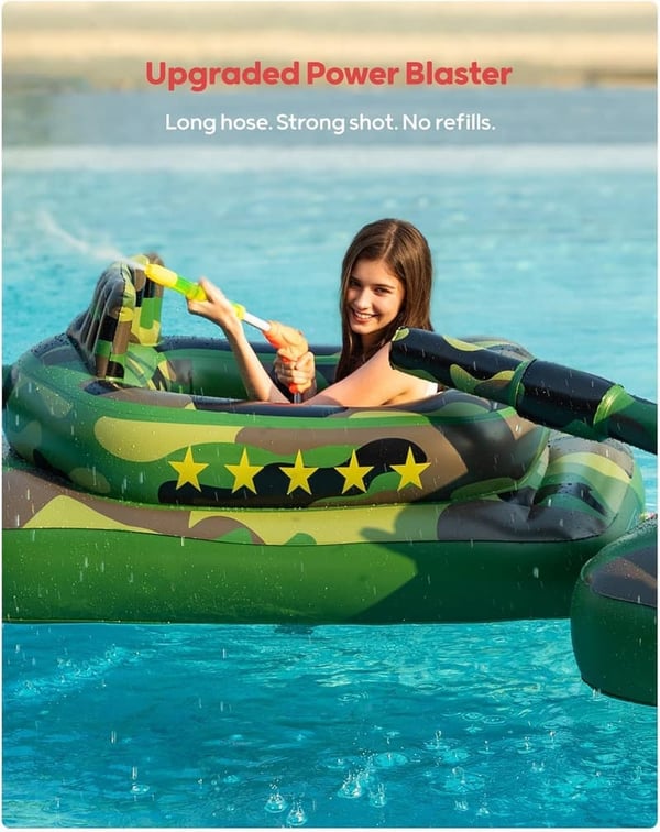 Inflatable Camouflage Tank Pool Float with Water Cannon for Kids & Adults