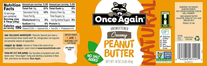 Natural Creamy Peanut Butter 16oz - Salt Free & Gluten Free