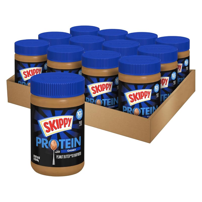SKIPPY Plant Protein Chunky Peanut Butter, 16oz Jar, 12-Pack