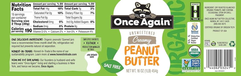 Organic Creamy Peanut Butter, 16oz - Salt Free & Unsweetened, 2 Pack