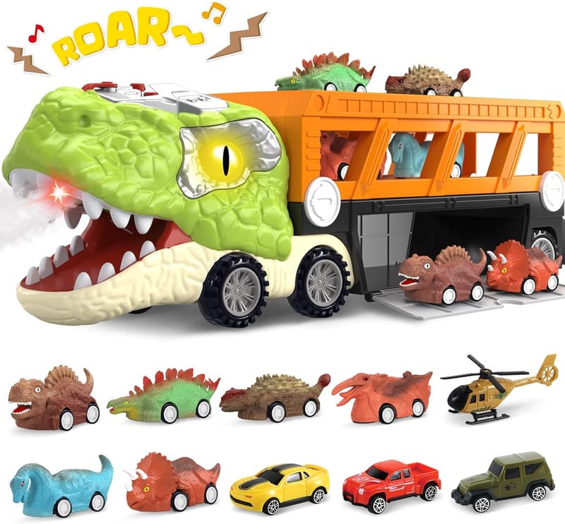 Dinosaur Toy Set with Pull Back Cars for Boys Age 3-5