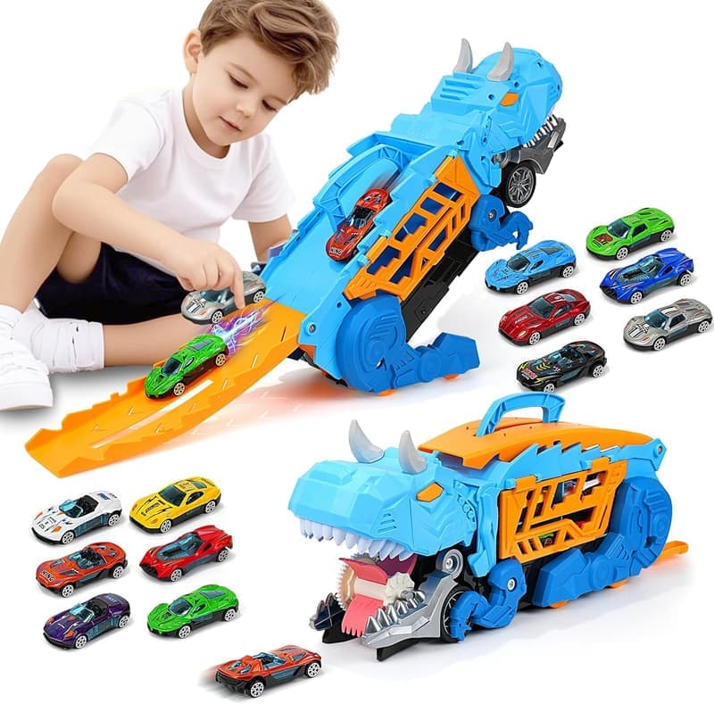 Dinosaur Transporter Truck Set with Die-Cast Cars for Kids