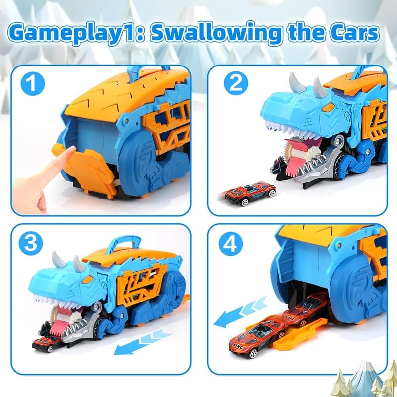 Dinosaur Transporter Truck Set with Die-Cast Cars for Kids
