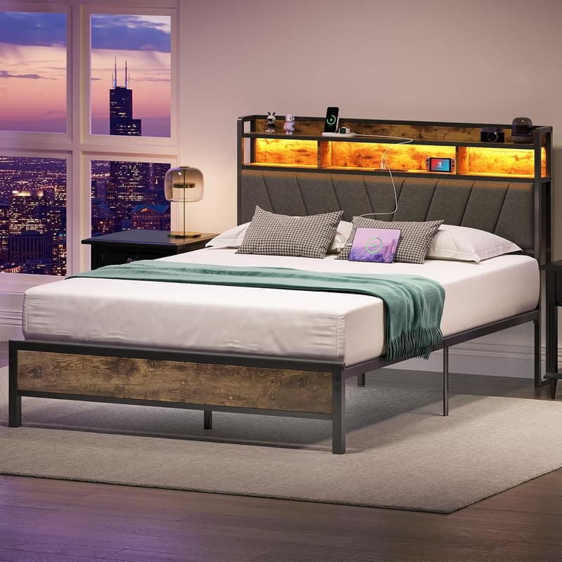 Queen Size Bed Frame with Headboard, LED Lights & Storage