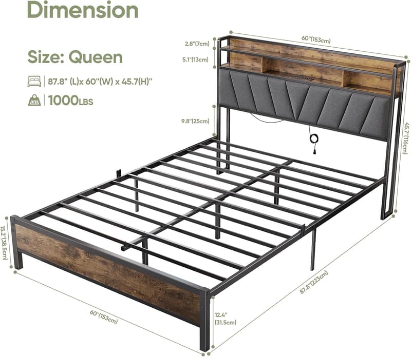 Queen Size Bed Frame with Headboard, LED Lights & Storage