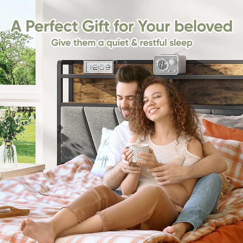Queen Size Bed Frame with Headboard, LED Lights & Storage