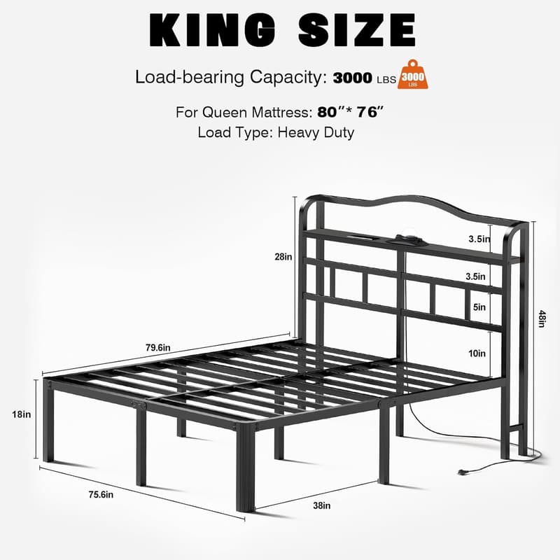 King Size Bed Frame with Storage & Charging Station