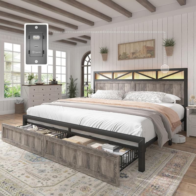 King Size Bed Frame with Headboard, Storage & LED Light