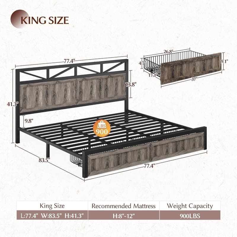King Size Bed Frame with Headboard, Storage & LED Light