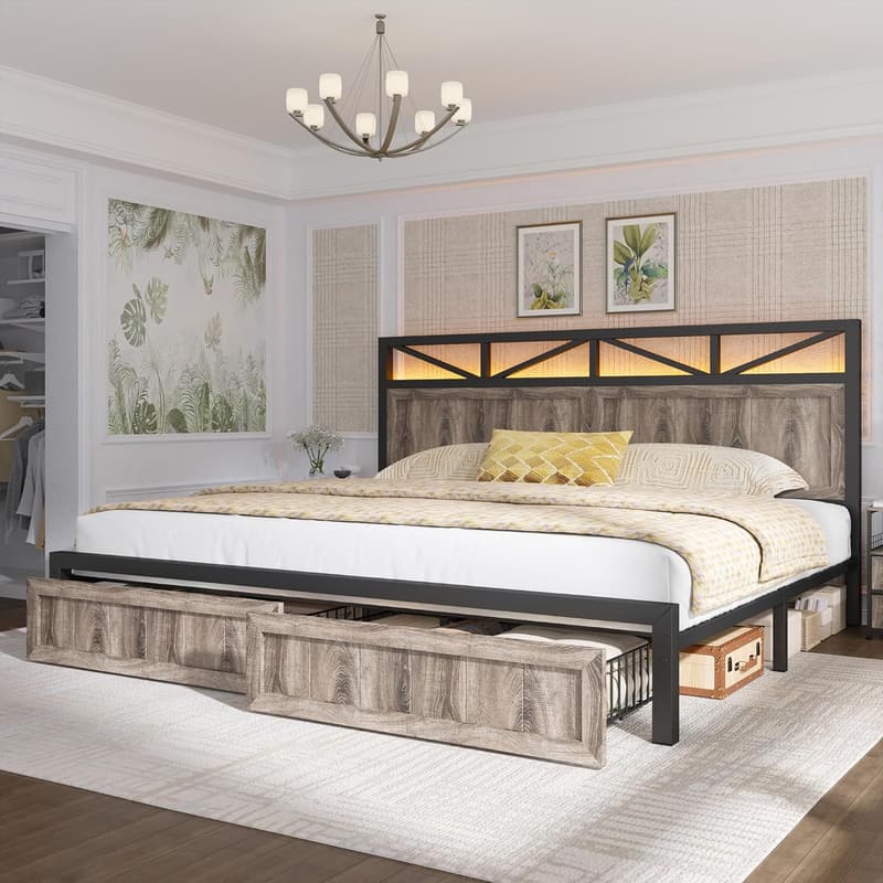 King Size Bed Frame with Headboard, Storage & LED Light
