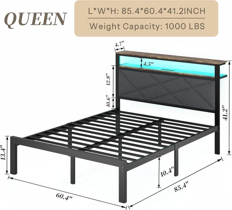 Queen Bed Frame with LED Lights and Charging Station, Dark Gray