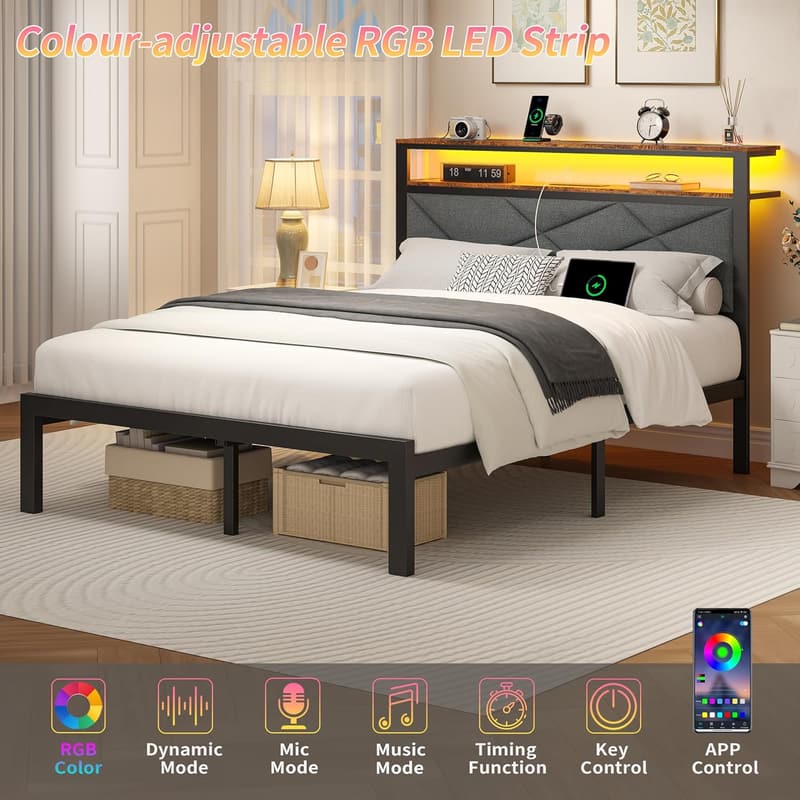 Queen Bed Frame with LED Lights and Charging Station, Dark Gray