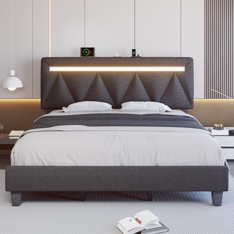 Modern King Size Upholstered Bed Frame with Bluetooth and LED