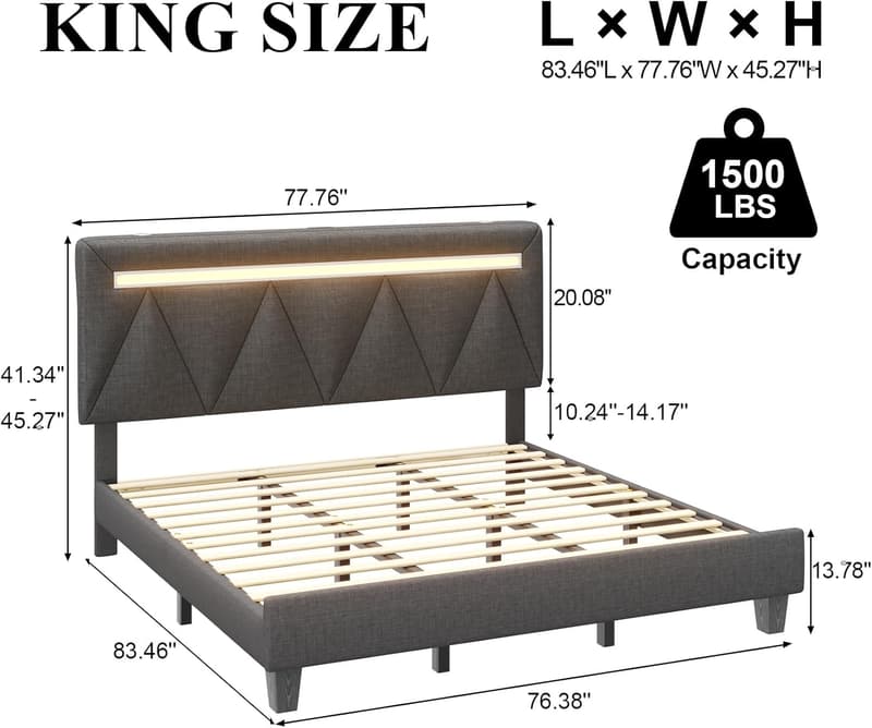 Modern King Size Upholstered Bed Frame with Bluetooth and LED