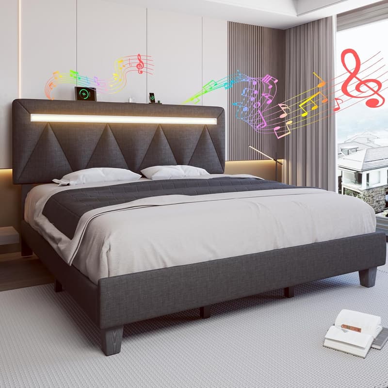 Modern King Size Upholstered Bed Frame with Bluetooth and LED
