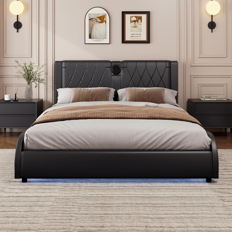 King Size Faux Leather Bed Frame with Bluetooth Speaker