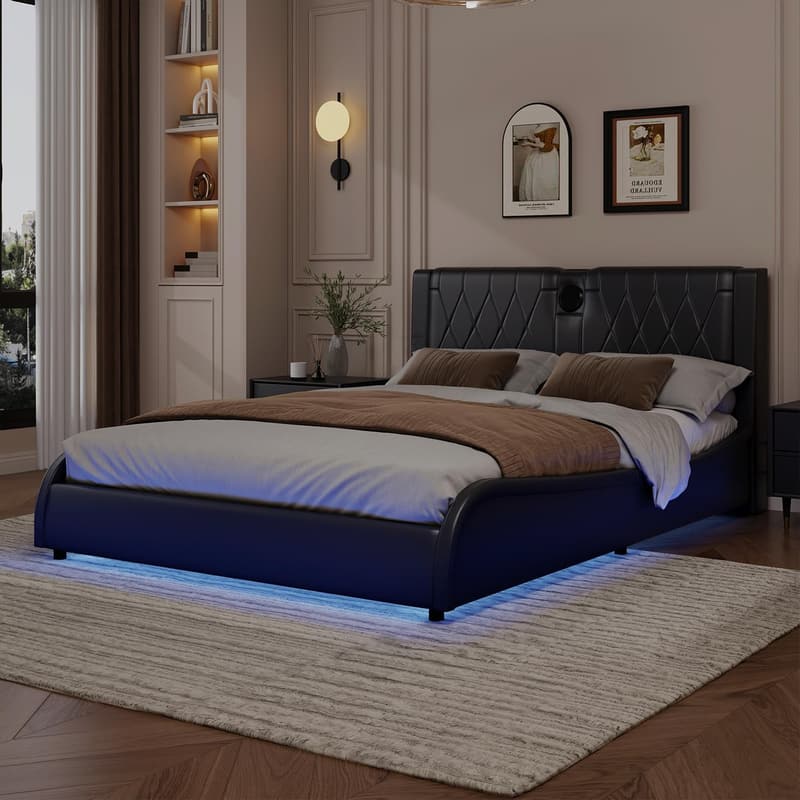 King Size Faux Leather Bed Frame with Bluetooth Speaker