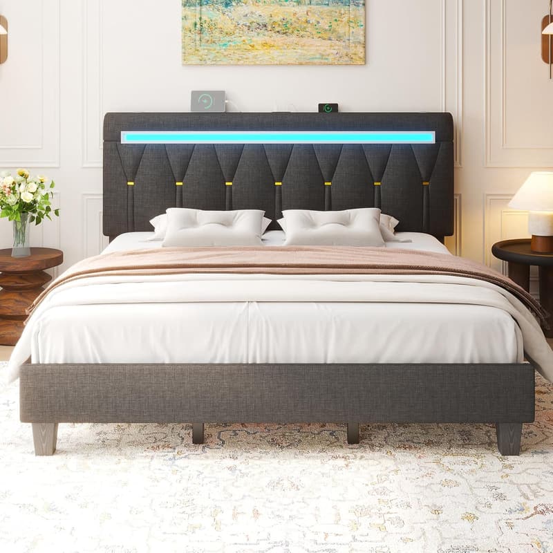 Upholstered King Size Bed Frame with LED Lights & Charging Station