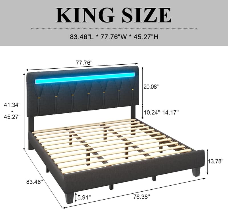 Upholstered King Size Bed Frame with LED Lights & Charging Station
