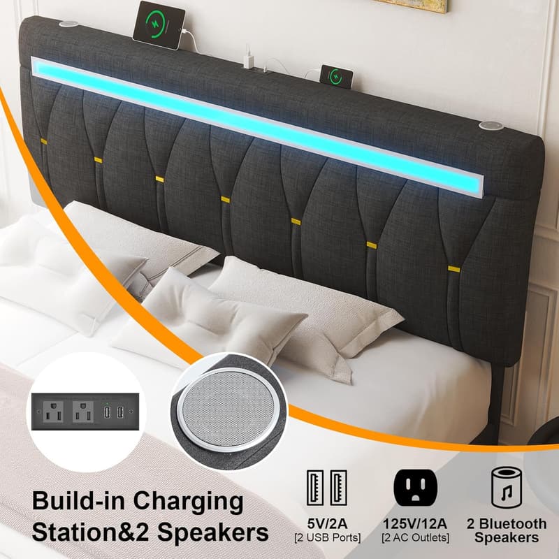 Upholstered King Size Bed Frame with LED Lights & Charging Station