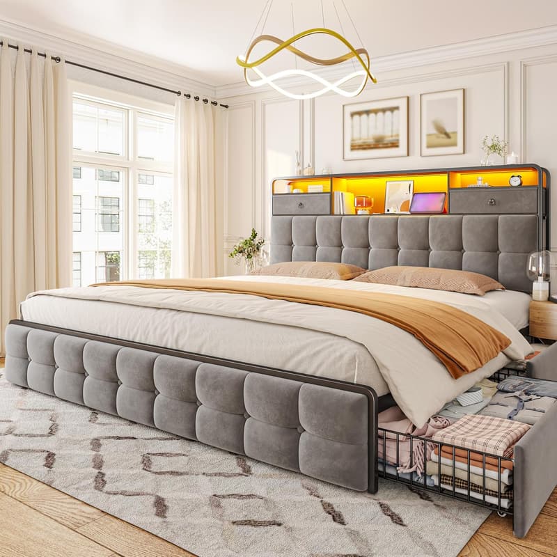 King Size Bed Frame with Headboard, Storage Drawers & LED Lights