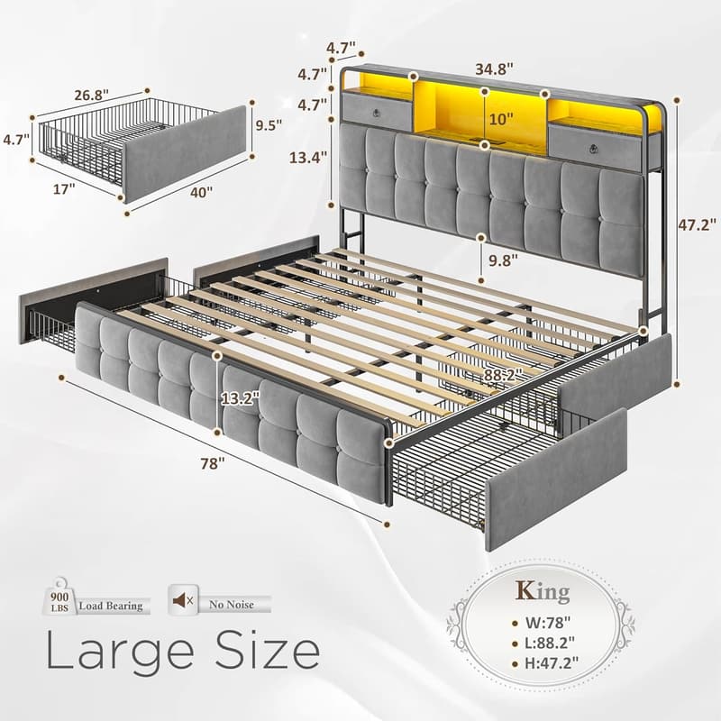 King Size Bed Frame with Headboard, Storage Drawers & LED Lights