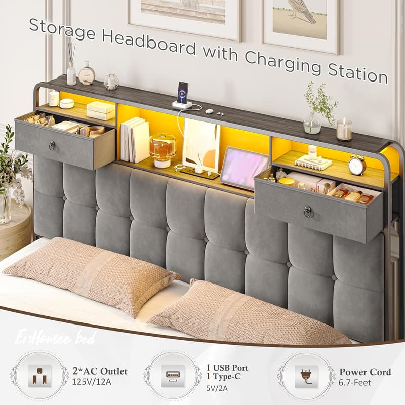 King Size Bed Frame with Headboard, Storage Drawers & LED Lights