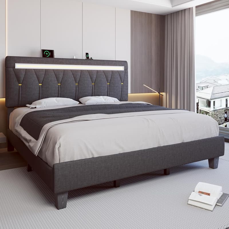 Modern King Size Bed Frame with Bluetooth Speaker & LED Lights