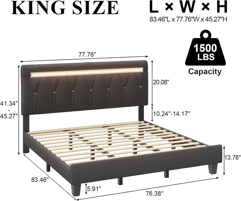 Modern King Size Bed Frame with Bluetooth Speaker & LED Lights