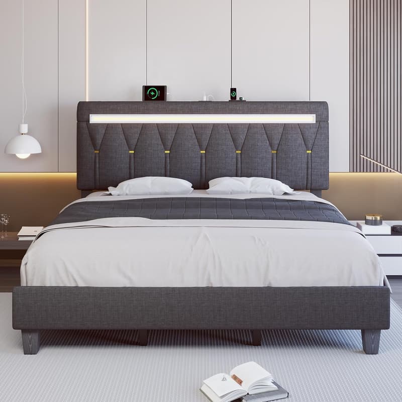 Modern King Size Bed Frame with Bluetooth Speaker & LED Lights