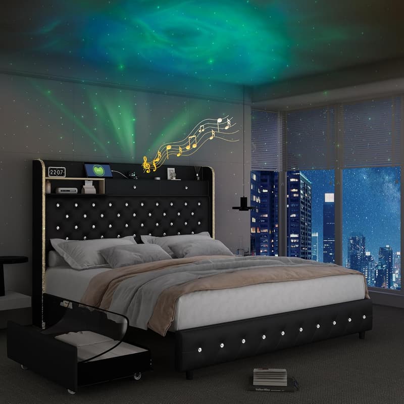 King Size Bed Frame with Galaxy Projector & Storage Drawers