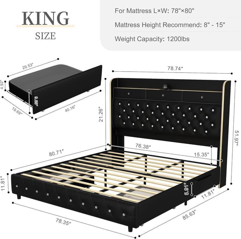 King Size Bed Frame with Galaxy Projector & Storage Drawers