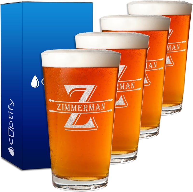 Personalized Monogram Beer Glass Set – 16 oz Birthday Gift for Couples