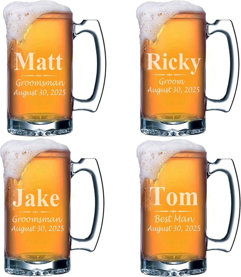 Personalized 16 oz Engraved Groomsmen Beer Mugs - Wedding Gifts
