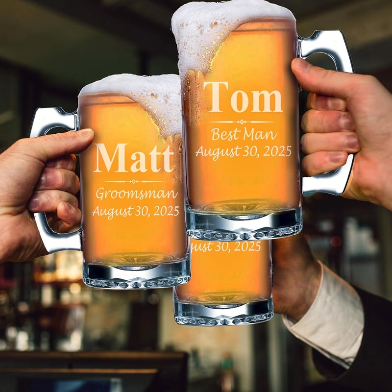 Personalized 16 oz Engraved Groomsmen Beer Mugs - Wedding Gifts