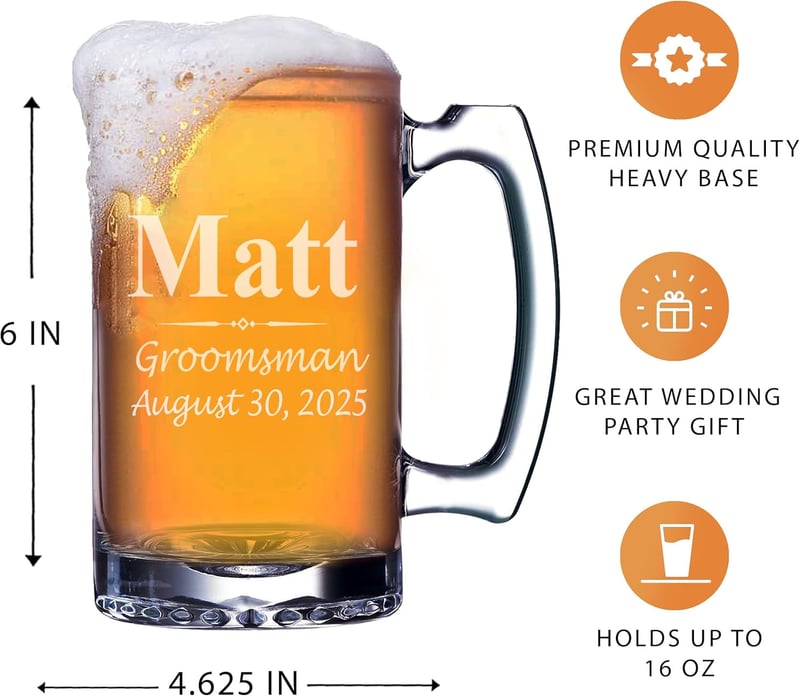 Personalized 16 oz Engraved Groomsmen Beer Mugs - Wedding Gifts