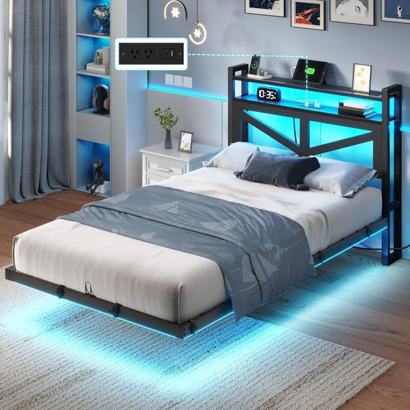 Twin Size Floating Bed Frame with LED Light & USB Charging Station