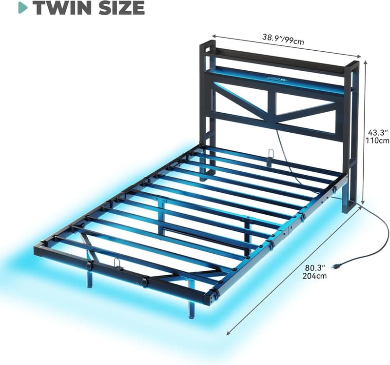 Twin Size Floating Bed Frame with LED Light & USB Charging Station